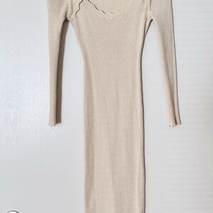 Cream Ribbed Long Sleeve Bodycon Dress